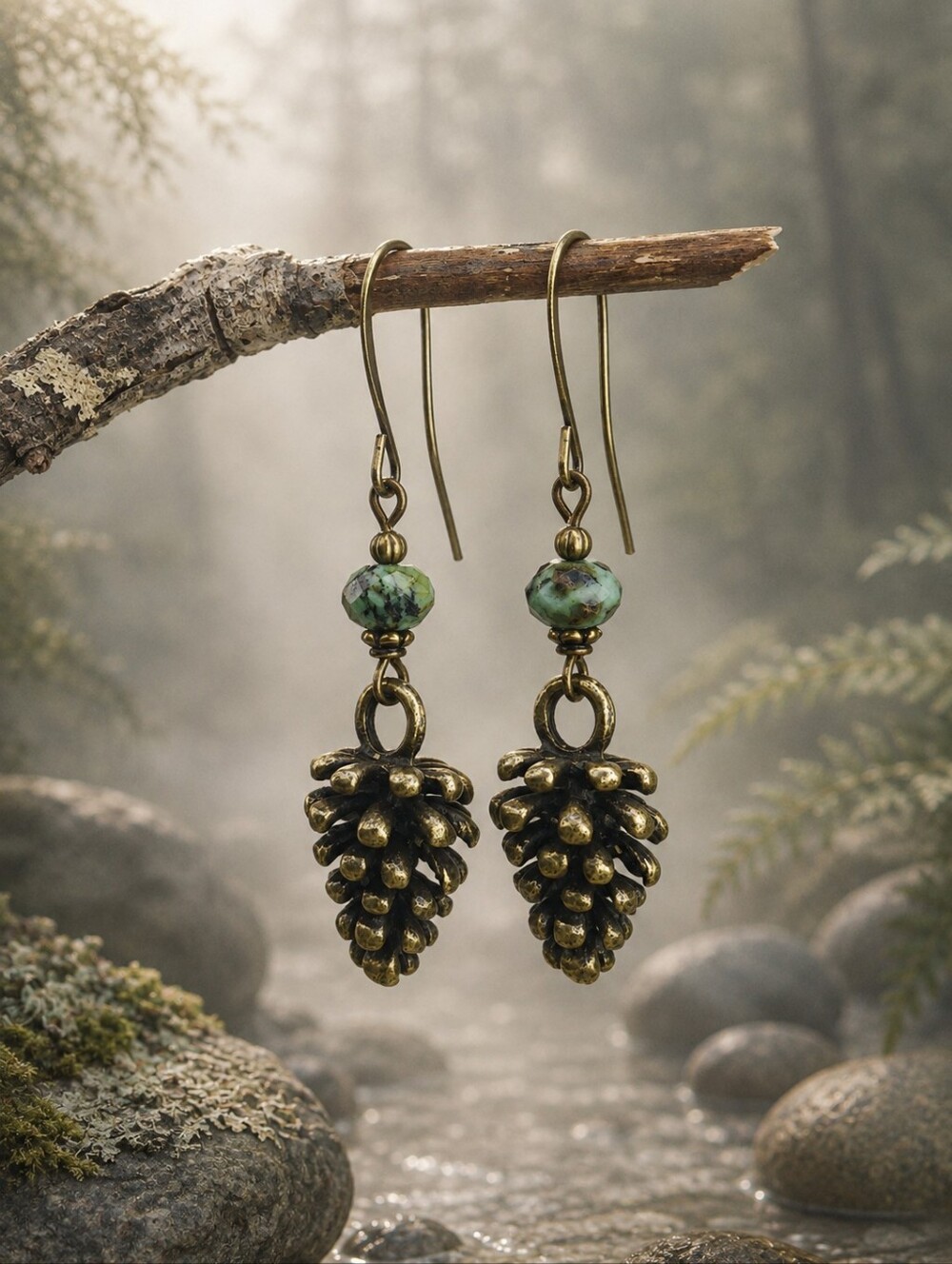 African Turquoise Jasper Pinecone Earrings Rustic Brass Woodland Hand Crafted